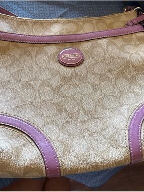 Coach Beige Signature Canvas Shoulder Bag with Pink Trim
